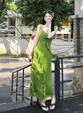 NORA STUDIO度假风绿色收腰碎花连衣裙女夏设计感气质显瘦长裙子