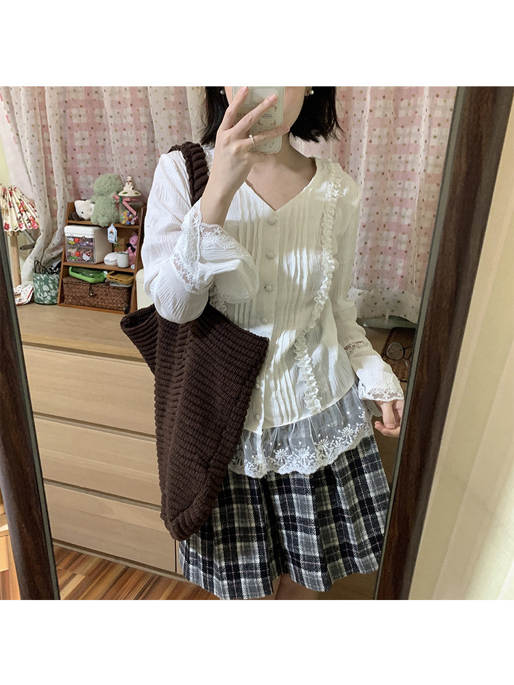 重工Vintage蕾丝拼接小香风衬衫图片