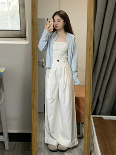 SOLO爆爆 白色阔腿休闲裤女2025秋季新款小个子高腰直筒拖地裤子