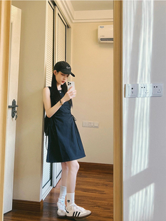 SOLO爆爆 黑色露腰连衣裙女新款无袖中长款收腰赫本风气质a字裙字