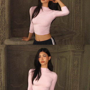 正肩体恤针织上衣 美式 辣妹粉色t恤女早秋不撞款 半高领修身 七分袖