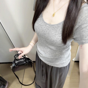 上衣 基础百搭超细羊毛插肩袖 毛织T恤女夏季 新款 韩系纯色大U领短袖