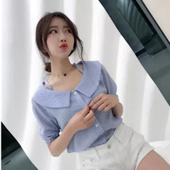 Real Korean Academy style 5-sleeve baby collar sweet one line collar striped shirt blouse