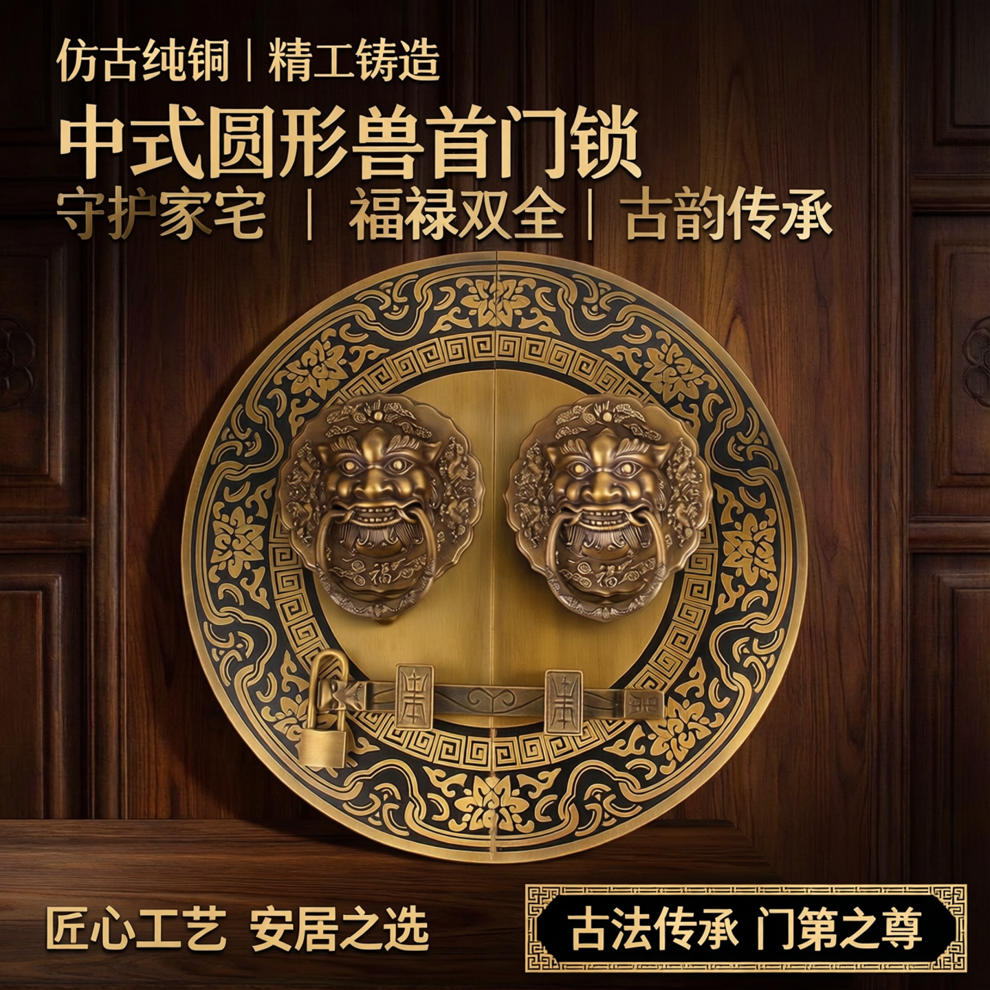 仿古纯铜大门门栓拉手中式圆形门锁老式实木兽头门环木门明插销锁