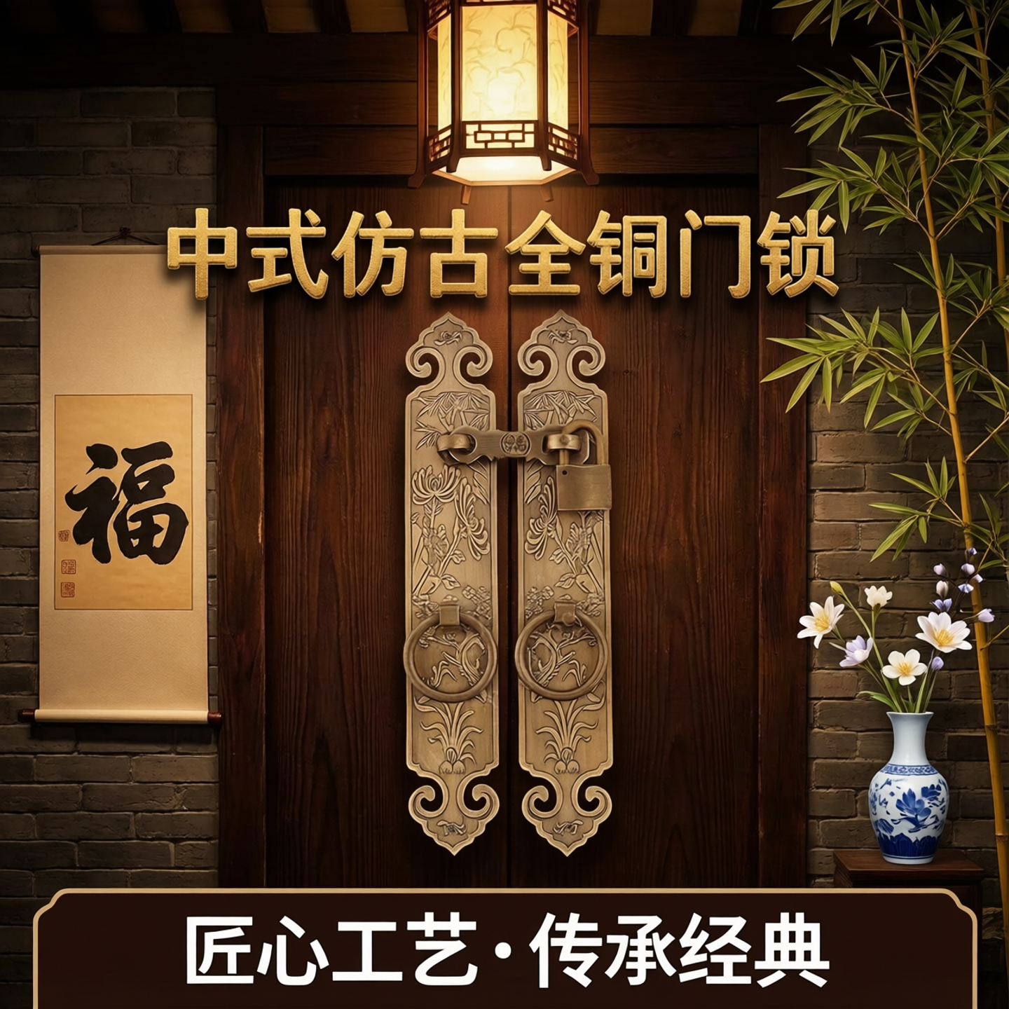 中式仿古全铜木门把手门锁民宿房门门锁纯铜挂锁复古插锁门窗锁扣