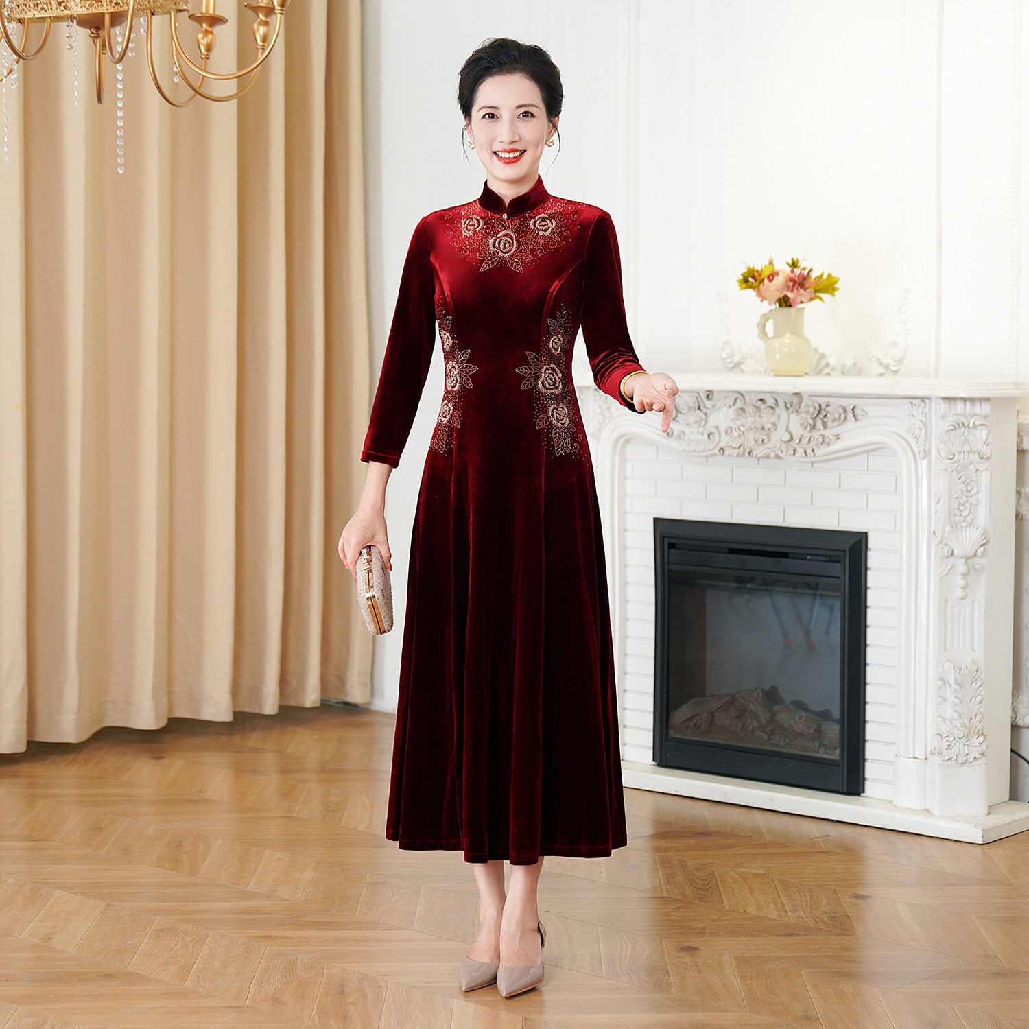 春秋款喜婆婆婚宴礼服改良复古金丝绒旗袍中年妈妈时尚大摆连衣裙