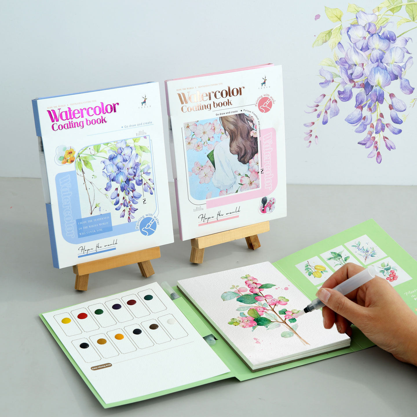 YUELU三折页水彩涂色本DIY成人解压玩具自带颜料便携填色水彩画纸