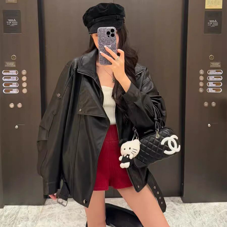 皮衣外套女2025新款美式复古春秋酷飒风时尚宽松翻领机车pu皮夹克