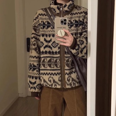 2025新款复古费尔岛大颗粒摇粒绒羊羔毛女冬季保暖加厚毛毛外套