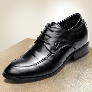尖头系带小羊皮鞋隐形内增高8厘米正装皮鞋男 硬底商务高跟黑色鞋