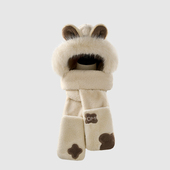 俄罗斯保暖手套围巾帽子女冬加厚卡通百搭大头围连体围脖护耳绒帽