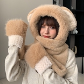 东北防寒帽子围巾手套一体女连帽围脖护耳绒帽冬季 保暖包头雷锋帽