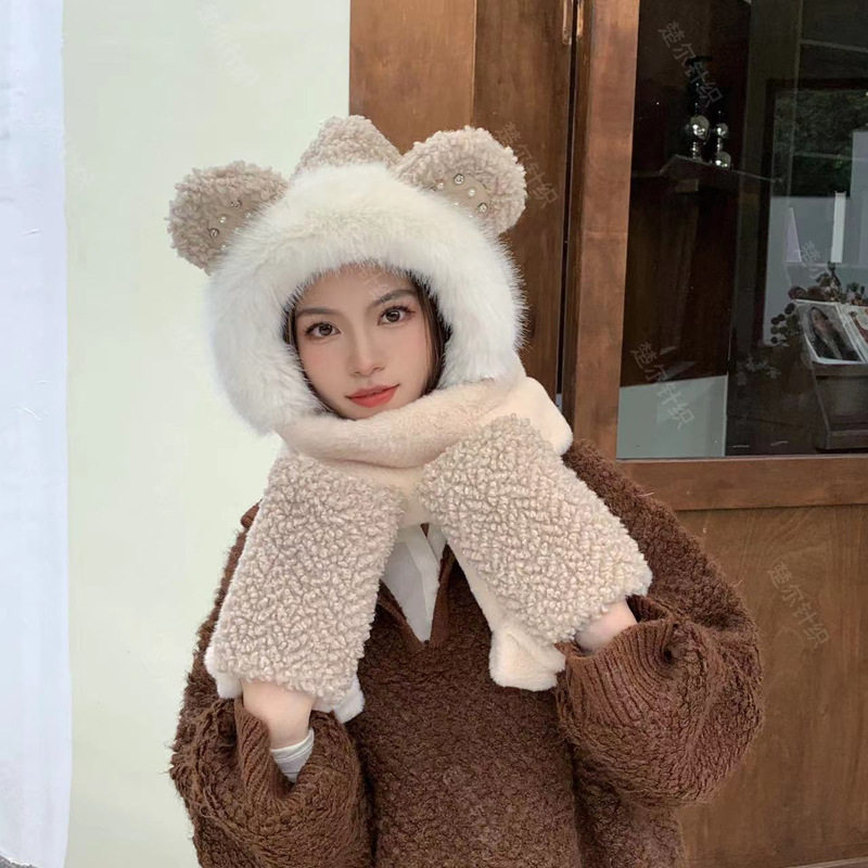超厚闪钻小熊帽子围巾手套女冬加厚百搭极寒保暖围脖毛绒护耳帽