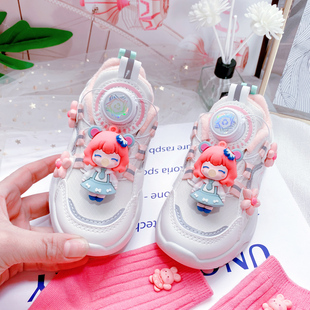 女童旋转纽扣运动鞋2025春秋新款加绒网面透气跑步鞋儿童按钮鞋子
