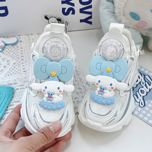 儿童春秋网面透气女童鞋白色旋转纽扣运动鞋高颜值女孩防滑按钮鞋
