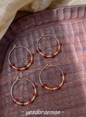 yesdoraemon 红玛瑙串珠耳圈原创高级感复古新中式天然石气质耳环