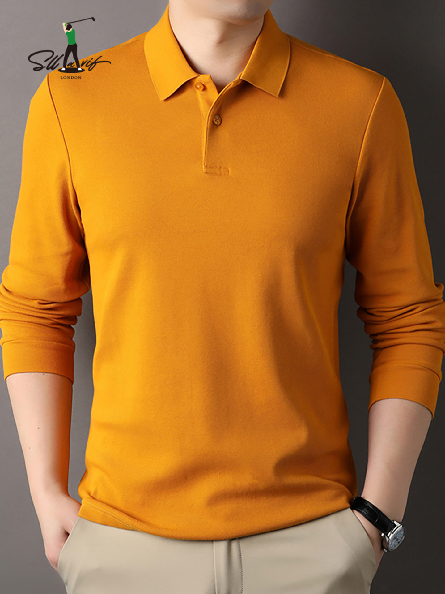 Sllavif高端黄色商务纯棉polo衫男长袖春秋爸爸装翻领休闲男士t恤
