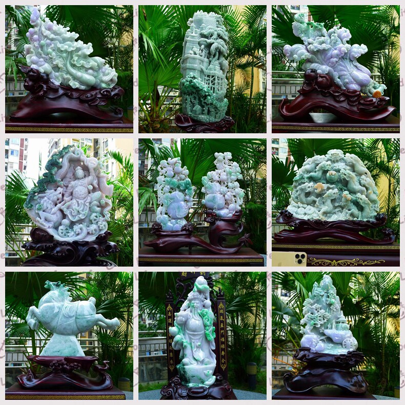 缅甸翡翠老坑冰糯精雕山水白菜观音财神佛公如意摆件带底座