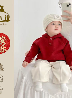 婴儿衣服秋冬红色毛衣周岁宝宝外出服喜庆连帽衫男女童新年毛线衣