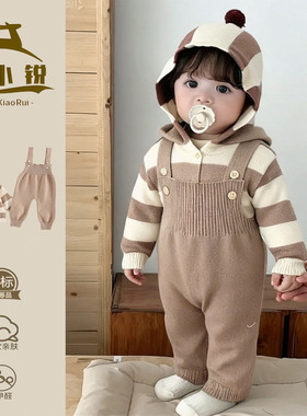 女童秋套装2026新款婴儿秋冬衣服红色针织毛衣洋气一岁宝宝背带裤