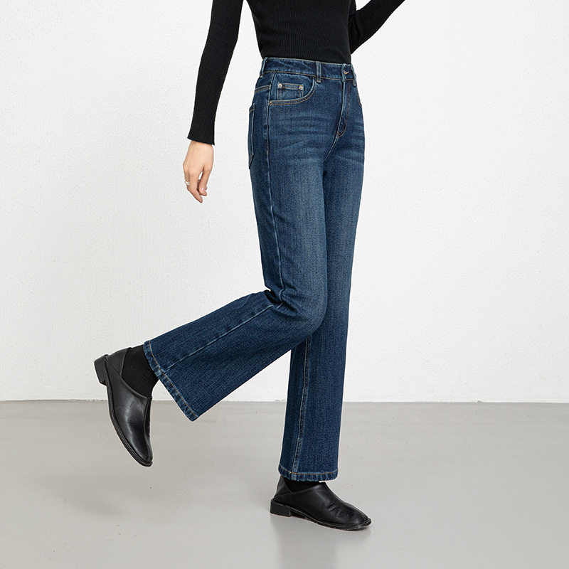 冬季植绒四面弹气质牛仔女长裤微喇叭裤高腰加绒加厚直筒九分裤子