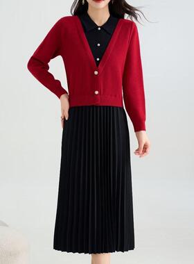 假两件针织连衣裙女秋冬新款时尚拼接百褶裙气质显瘦过膝毛衣裙子