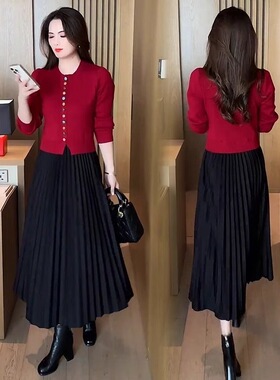 假两件针织连衣裙女2025秋冬新款洋气内搭遮肚显瘦过膝拼接打底裙