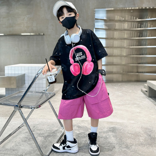 男童夏日多巴胺穿搭套装2026新款中大童夏季薄款短袖炸街男孩衣服