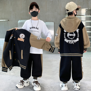 男童加绒棒球服套装春秋款2026新款中大童帅气冬季加厚帅气两件套