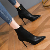尖头高跟短靴女秋冬新款 细跟性感瘦瘦单靴黑色绒面防水台裸靴