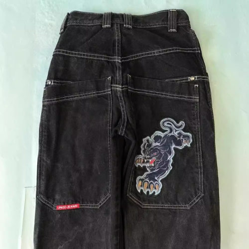 街头服饰JNCO牛仔裤Y2K嘻哈卡通图案宽松黑色裤子男女阔腿长裤子
