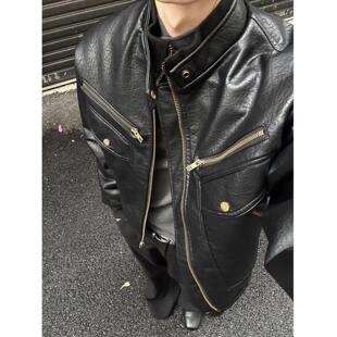 复古潮牌短款 高街做旧水洗皮衣夹克男士 美式 新款 bomber外套 秋冬季