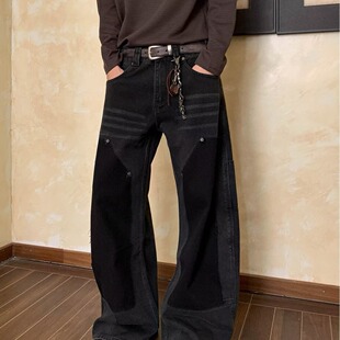 子 男女潮牌街头宽松显瘦百搭阔腿直筒裤 美式 复古设计感原色牛仔裤