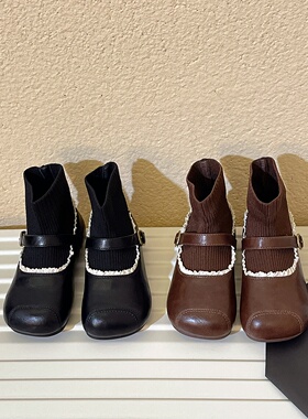 2025秋冬新款女童靴子加绒蕾丝花边弹力袜靴韩版公主软底宝宝单靴