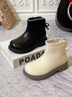 韩版女童马丁靴珍珠蝴蝶结公主靴2025秋冬新款黑色时尚小女孩皮靴