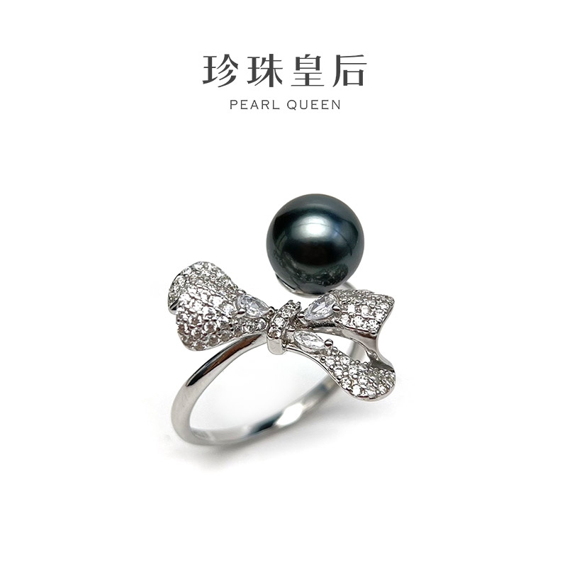 【珍珠皇后】S925银海水黑珍珠丝带结戒指(珠径8-9mm）