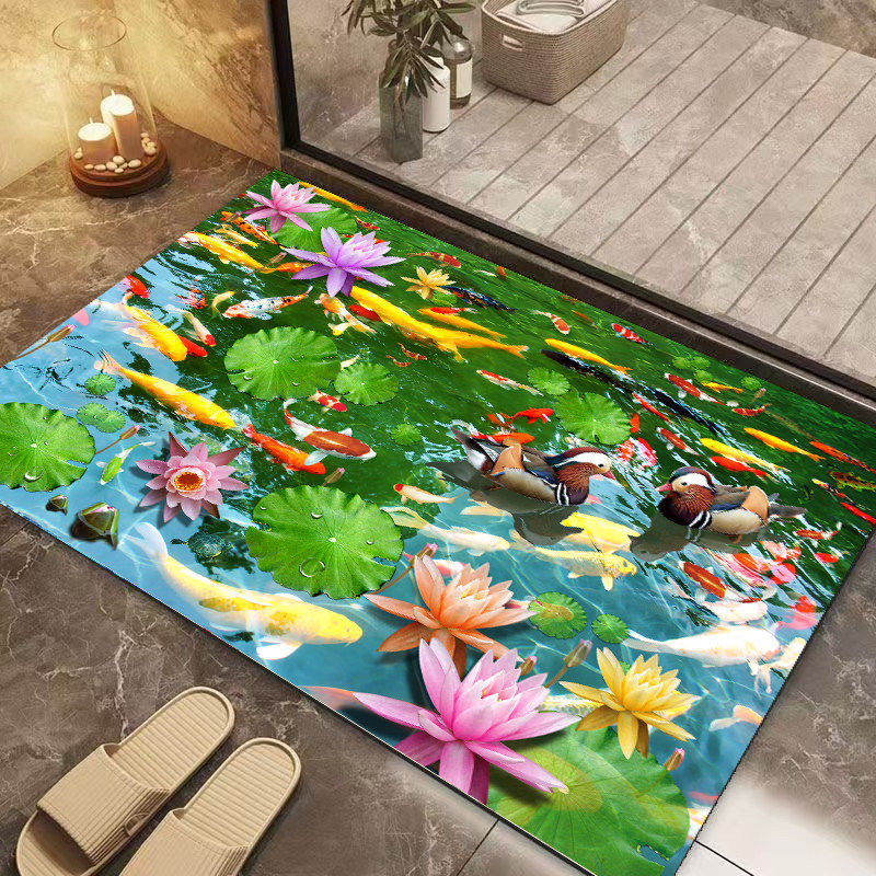 浴室硅藻泥地垫吸水3D锦鲤荷花卫生间轻奢脚踩垫卡通地垫