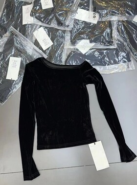 DUDU 新款韩版时尚斜领带垫肩棉显瘦洋气丝绒T恤上衣女8619-1