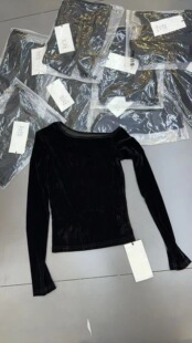 DUDU 新款韩版时尚斜领带垫肩棉显瘦洋气丝绒T恤上衣女8619-1