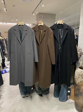 欧洲站2025秋冬轻奢羊毛大衣欧货长袖V领ins过膝长款风衣西装外套