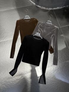 DUDU正品2025年丝绒圆领长袖T恤女气质有弹微透打底衫上衣6219-1#