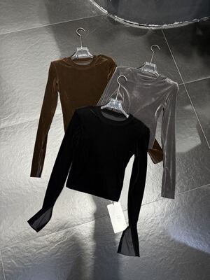 DUDU正品2026年丝绒圆领长袖T恤女气质有弹微透打底衫上衣6219-1#
