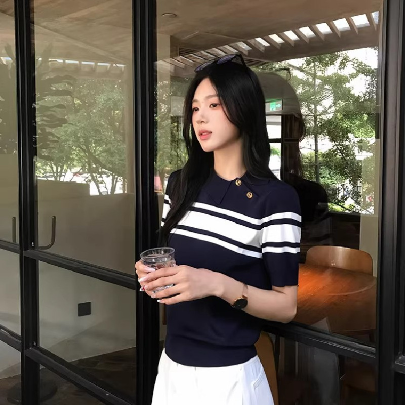 复古学院风Polo领短袖针织衫女大朗夏季通勤chic撞色条纹短款上衣