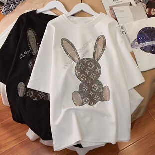 深圳南油高端女装 t恤 miu系穿搭千金风高知字母钉钻纯棉上衣短袖