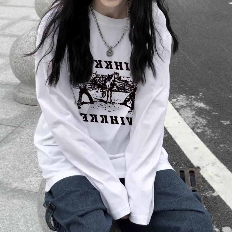 13行专柜纯棉大甩卖~100%纯棉印花长袖T恤男女宽松大码打底衫上衣