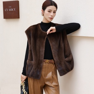 皮草马夹貂皮大衣 无袖 天鹅绒圆领皮草进口水貂毛 秋冬季 自由颂