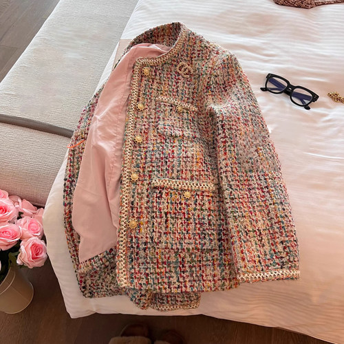 爵莱菲大码法式重工彩色粗花呢编织小香风外套2025羽绒服轻薄内胆