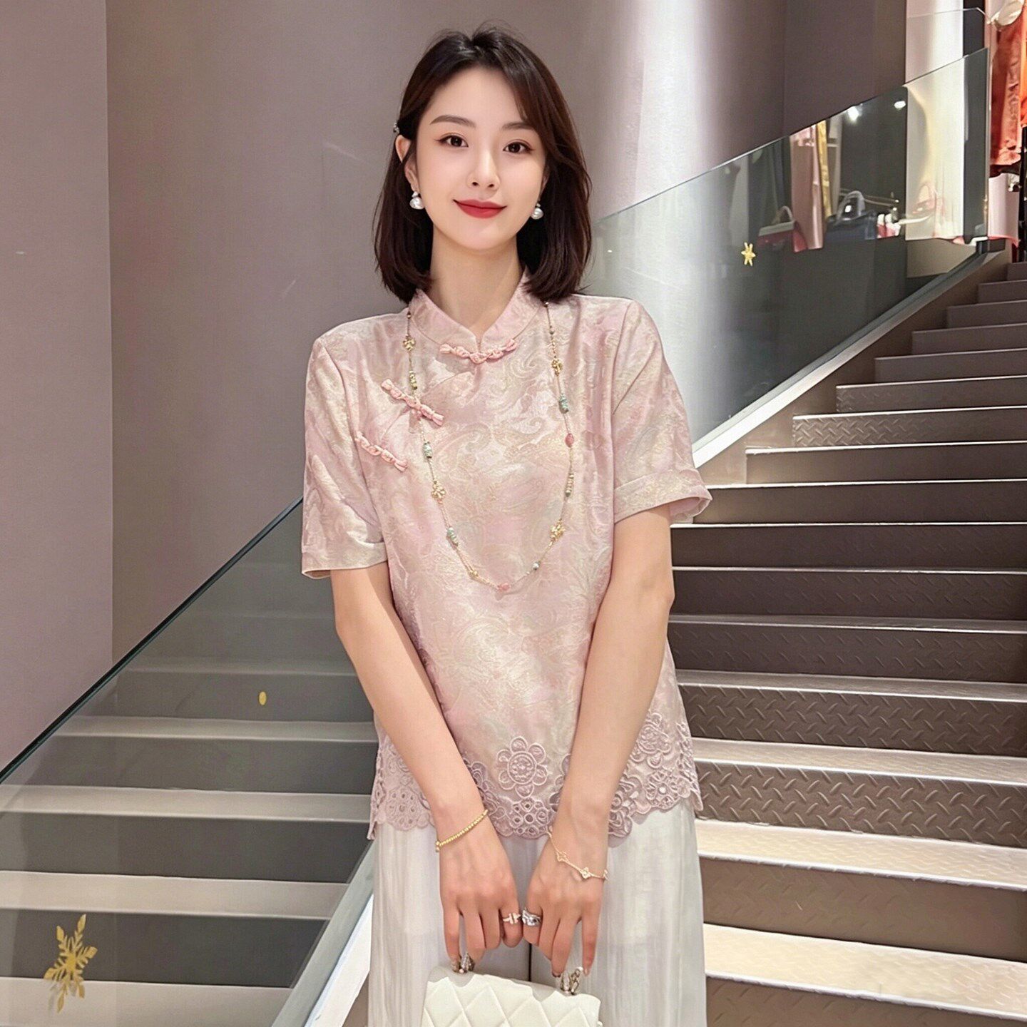 爵莱菲大码女装新中式立领改良旗袍短袖温柔百搭粉色盘扣复古衬衫