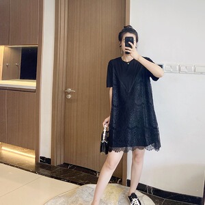 蕾丝假两件显瘦宽松黑色夏装遮肉2025新款大码胖mm连衣裙休闲洋气