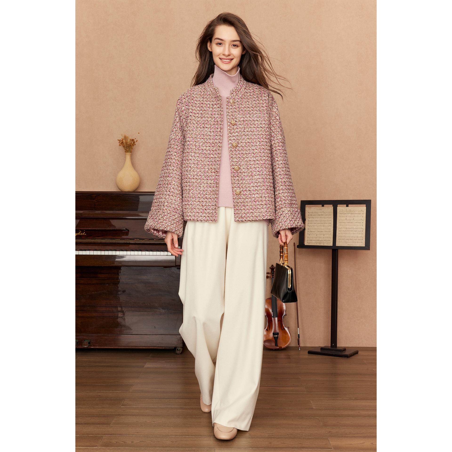 爵莱菲大码胖mm小香风羊毛大衣女短款小个子粉色粗花呢外套秋2025